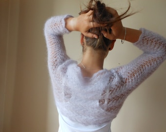 Stickad Bolero med Axelbyxor i Spets, Lila Lavendel, Mohair, Siden