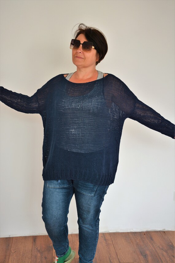 MyKnitCroch Oversized Plus Size Hand Knit Sweater Summer Cotton Jumper Tunic Loose Knit Women's Sweater Poncho Navy Blue Cotton
