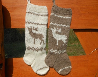 Knit Christmas Stocking Hand Knitted Personalized with Reindeer, Christmas Gift Christmas Decoration