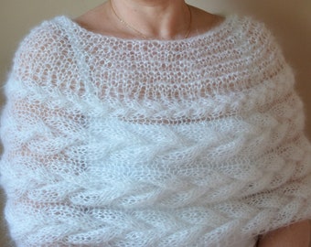 Cable Knitted Shawl Capelet Wedding Shrug Poncho Neck Warmer White Mohair and Silk