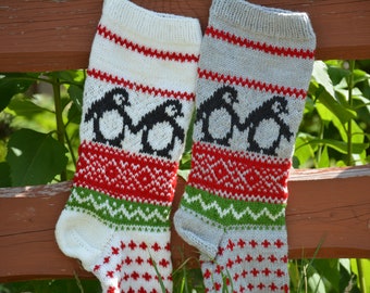 Personalized Christmas Stocking Hand Knitted  Christmas Gift Christmas Decoration Gray and White with Penguins