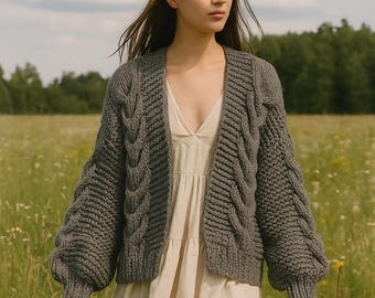 100% Merino Wool Hand Knit Cardigan | Chunky Cable Knit Sweater | Oversized Grey Handmade Knitwear