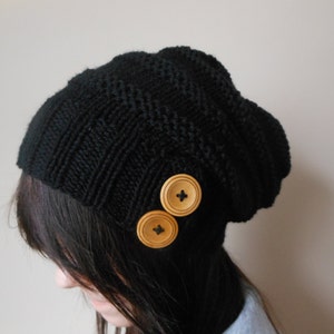 Hand Knit Slouchy Beanie Hat Acrylic Black Color with Wooden Buttons Winter Beanie Gift for Sister image 2