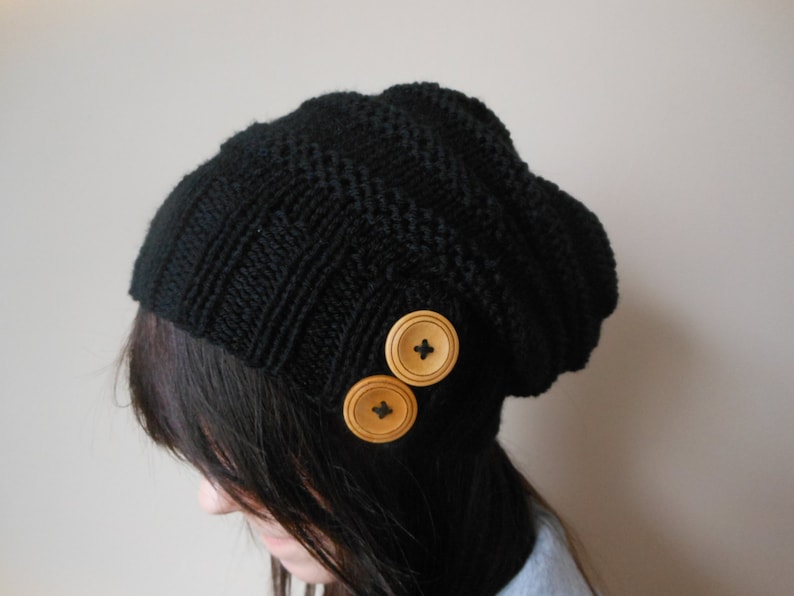 Hand Knit Slouchy Beanie Hat Acrylic Black Color with Wooden Buttons Winter Beanie Gift for Sister image 2