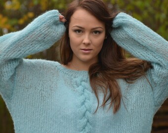 Oversized Hand Knit Sweater Alpaca and Silk Fluffy Tunic Loose Knit Women's Sweater Blue Mint