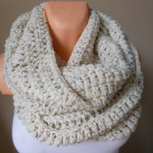 Hand Crocheted Infinity Scarf, Cowl, Neck Warmer Oatmeal, Wool Chunky Wrap image 2