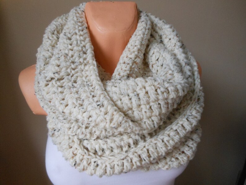 Hand Crocheted Infinity Scarf, Cowl, Neck Warmer Oatmeal, Wool Chunky Wrap image 2