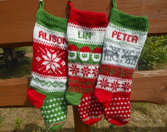 Set of 3 Personalized Christmas Stockings Hand Knitted  Christmas Gift Christmas Decoration