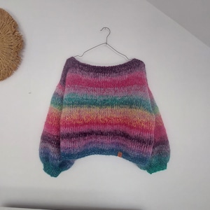 Hand Knit Mohair Sweater Multicolor Fluffy Striped Pullover Cropped Knit Women's Rainbow Sweater Pullover Crochet Mohair and Silk Oversized