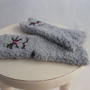 Crocheted Fingerless Mittens Gloves Grey Cats Handmade Gloves Animal Gloves image 7