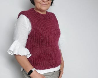 Handmade Chunky Knit Vest, Soft Alpaca Wool Blend, Loose Fit Sweater Vest, Cozy Layering Top, S/M L/XL color wine