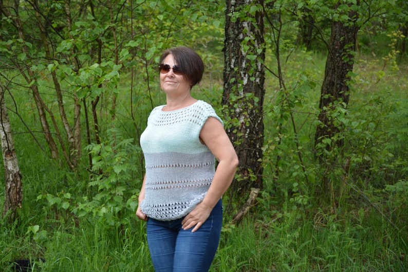 Cotton Summer Blouse Top Oversized Hand Knit Summer Sweater Handmade Cotton Blouse Loose Knit Women/'s Sweater Grey and Pastel Green
