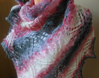 Lace shawl mohair yarn  pink grey , hand knitted