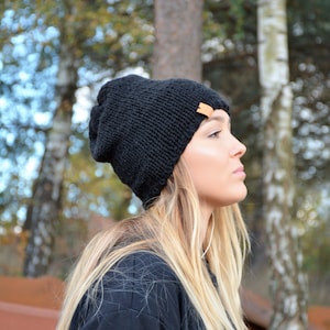 Hand Knit Slouchy Beanie Hat, Acrylic Black Unisex Winter Hat, Knitted Chunky Hat, image 8