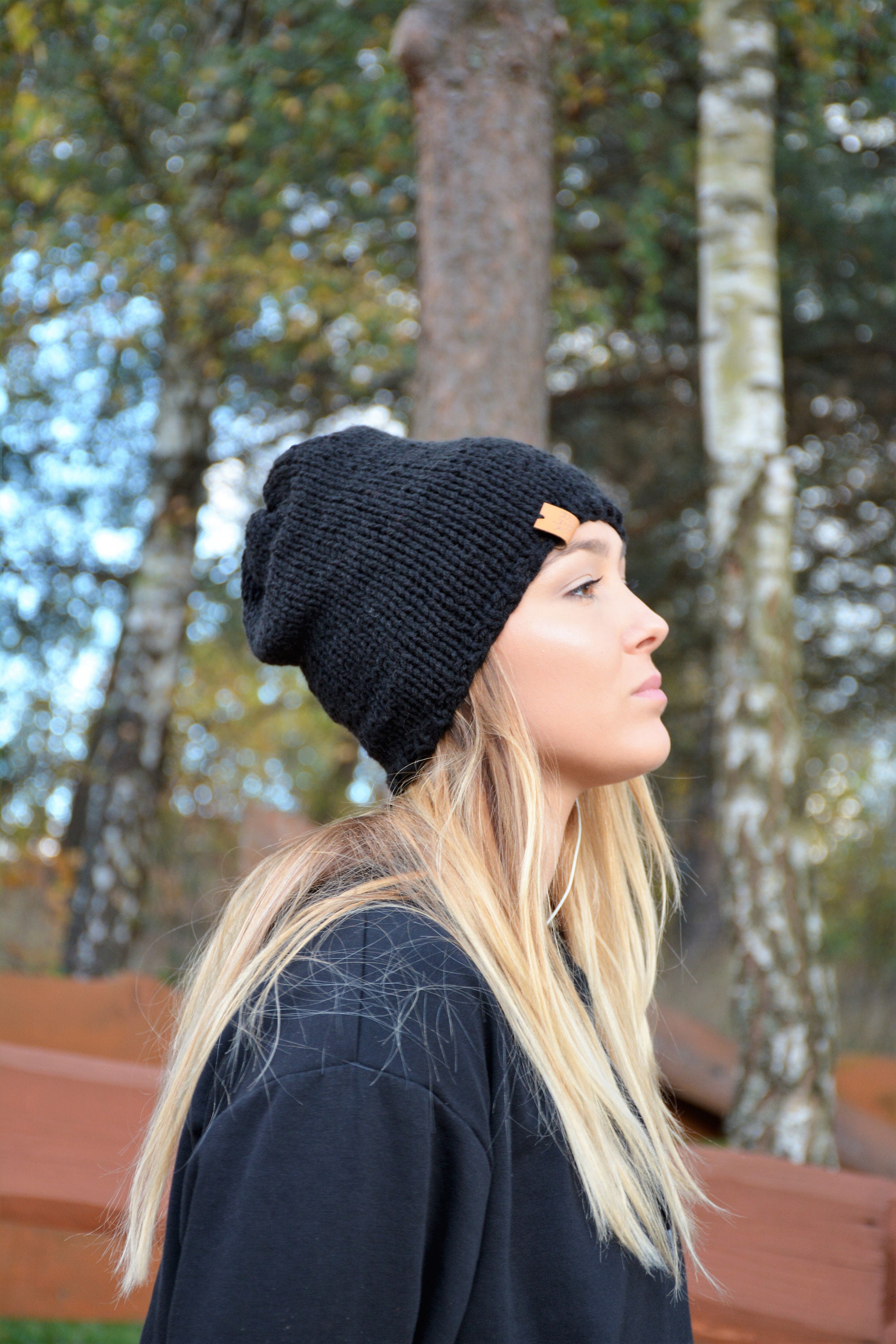 Hand Knit Slouchy Beanie Hat, Acrylic Black Unisex Winter 