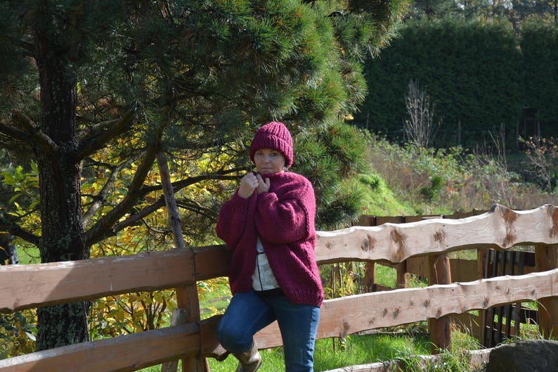 Oversized Hand Knit Cardigan, Chunky Sweater, Alpaca Wool Sweater, Open Style Cardigan, Chunky Jacket, Sweater Women's Cozy, Maroon image 9