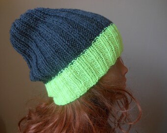 Hand Knit Slouchy Beanie Hat Acrylic Gray and Neon Yellow Unisex