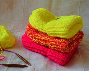 Chunky Hat, Hand Knit Beanie Hat, Acrylic  Unisex Winter Hat, Knitted Chunky Hat, Helsinki Hat, Neon Pink Neon Yellow  Chunky Hat