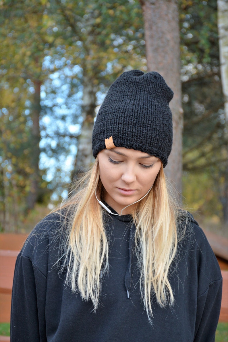 Hand Knit Slouchy Beanie Hat, Acrylic Black Unisex Winter Hat, Knitted Chunky Hat, image 1