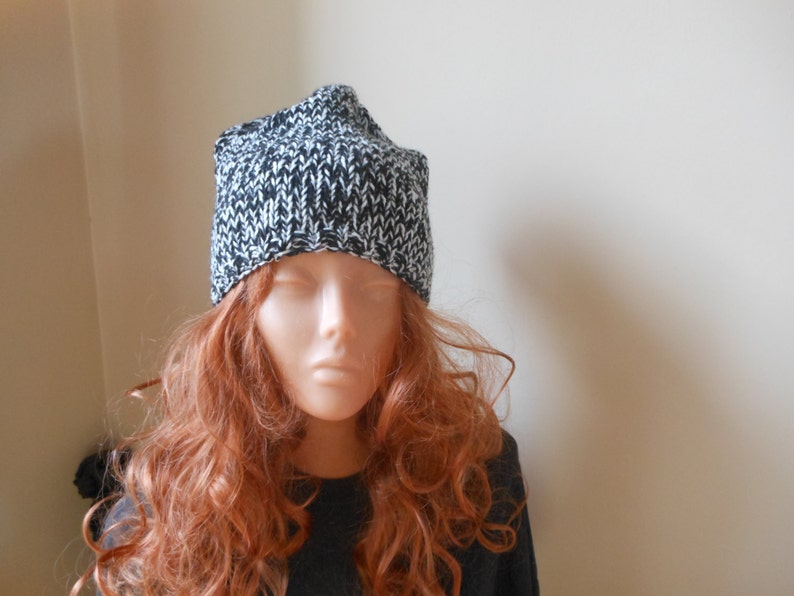 Hand Knit Slouchy Beanie Hat Acrylic Black and White blend image 3