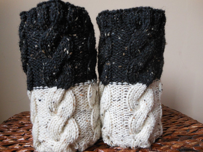 Hand Knitted Boot Cuffs Leg Warmers 2in1 Cream and Black Tweed image 1