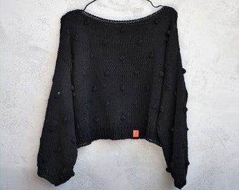 Hand Knit Popcorn Cropped Sweater, Cotton Loose Knit Women's Crop Sweater, Black Bubble Knit Sweater, Boho Bubble Pullover