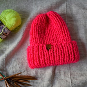 Chunky Hat, Hand Knit Beanie Hat, Acrylic Unisex Winter Hat, Knitted Chunky Hat, Helsinki Hat, Neon Pink Chunky Hat image 1