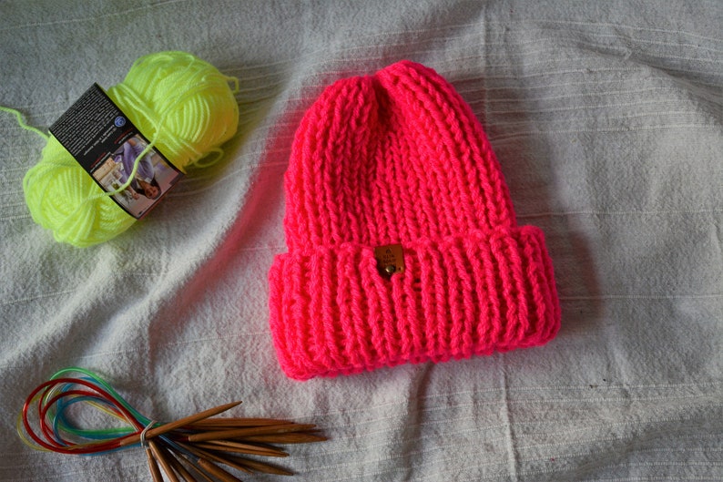 Chunky Hat, Hand Knit Beanie Hat, Acrylic Unisex Winter Hat, Knitted Chunky Hat, Helsinki Hat, Neon Pink Chunky Hat image 1