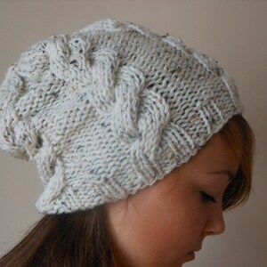 Hand Knit Cable Slouchy Beanie Hat Acrylic Oatmeal image 2