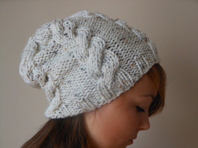 Hand Knit Cable Slouchy Beanie Hat Acrylic Oatmeal image 2