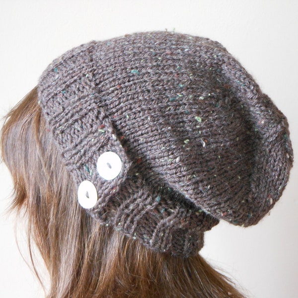 Hand Knit Slouchy Beanie Hat Acrylic Brown Tweed Color with Button