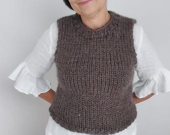 Handmade Chunky Knit Vest, Soft Alpaca Wool Blend, Loose Fit Sweater Vest, Brown Cozy Layering Top, S/M L/XL
