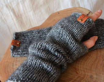 Hand Knitted Fingerless Mittens, Dark Grey Wool Gloves, Long Fingerless, Arm Warmers, Winter Gloves, Boho Style Gloves, OUTLANDER Gloves