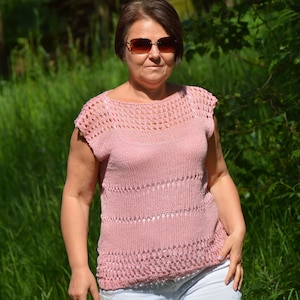 Cotton Summer Blouse Top Oversized Plus Size Hand Knit Summer Sweater Handmade Cotton Blouse Tunic Loose Knit Women&#39;s Sweater Pink