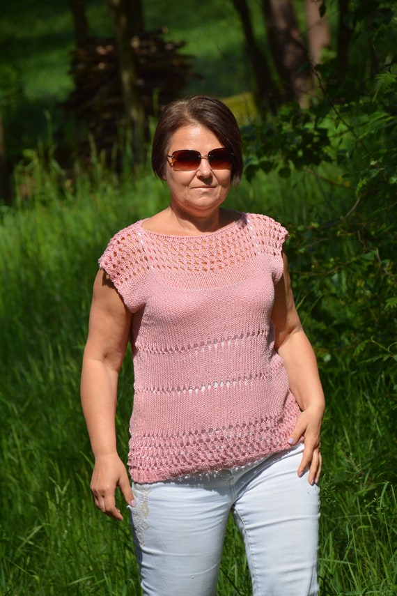 Cotton Summer Blouse Top Oversized Plus Size Hand Knit Summer