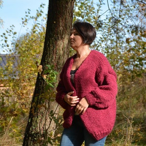 Oversized Hand Knit Cardigan, Chunky Sweater, Alpaca Wool Sweater, Open Style Cardigan, Chunky Jacket, Sweater Women&#39;s Cozy, Maroon