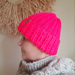 Chunky Hat, Hand Knit Beanie Hat, Acrylic Unisex Winter Hat, Knitted Chunky Hat, Helsinki Hat, Neon Pink Chunky Hat image 8