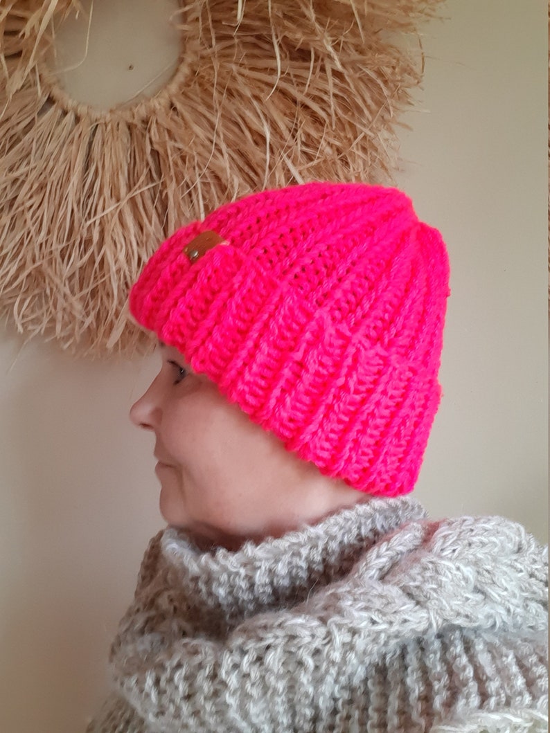 Chunky Hat, Hand Knit Beanie Hat, Acrylic Unisex Winter Hat, Knitted Chunky Hat, Helsinki Hat, Neon Pink Chunky Hat image 8