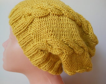 Hand Knit Slouchy Beanie Hat Acrylic Mustard Gold Color