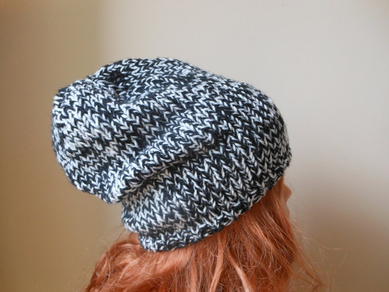 Hand Knit Slouchy Beanie Hat Acrylic Black and White blend image 1