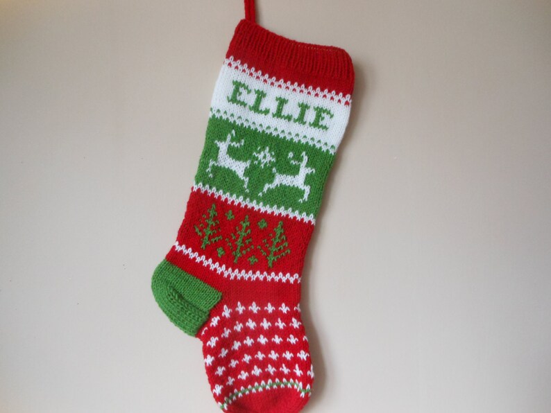Personalized Christmas Stocking Hand Knitted With Reindeer Christmas Gift Christmas Decoration image 1