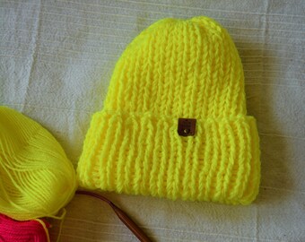 Chunky Hat, Hand Knit Beanie Hat, Acrylic  Unisex Winter Hat, Knitted Chunky Hat, Helsinki Hat, Neon Pink Neon Yellow Chunky Hat