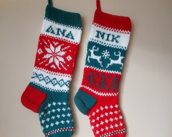 Personalized Christmas Stocking Hand Knitted SET of 2