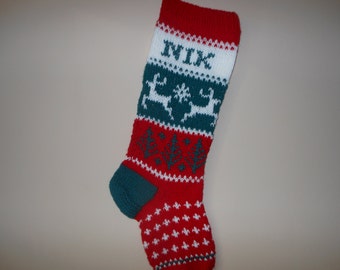 Personalized Christmas Stocking Hand Knitted  with Reindeer Christmas Gift Christmas Decoration