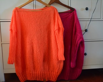 Sweter damski oversize plus size, tunika, luźny sweter damski, pomarańczowy i różowy