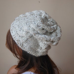 Hand Knit Cable Slouchy Beanie Hat Acrylic Oatmeal image 5