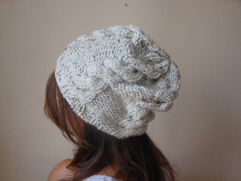 Hand Knit Cable Slouchy Beanie Hat Acrylic Oatmeal image 5