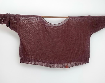 Oversized Plus Size Hand Knitted Cropped Sweater Summer Cotton Jumper Tunic Loose Knit Women's Sweater Cropped Poncho Brown Cotton