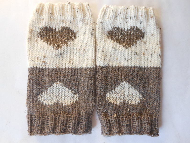 Hand Knitted Boot Cuffs Leg Warmers 2in1 Cream and Beige Tweed With Hearts image 5