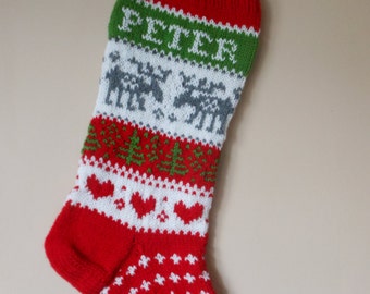 Personalized Christmas Stocking Hand Knitted With Reindeer Christmas Gift Christmas Decoration